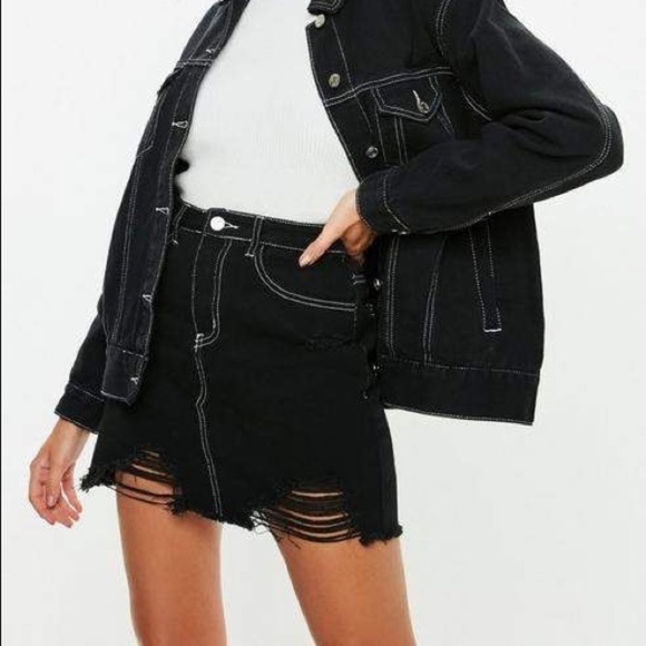 Missguided Black Denim Distressed Contrast Stitching Mini Skirt EUC Size 6 - Picture 1 of 8